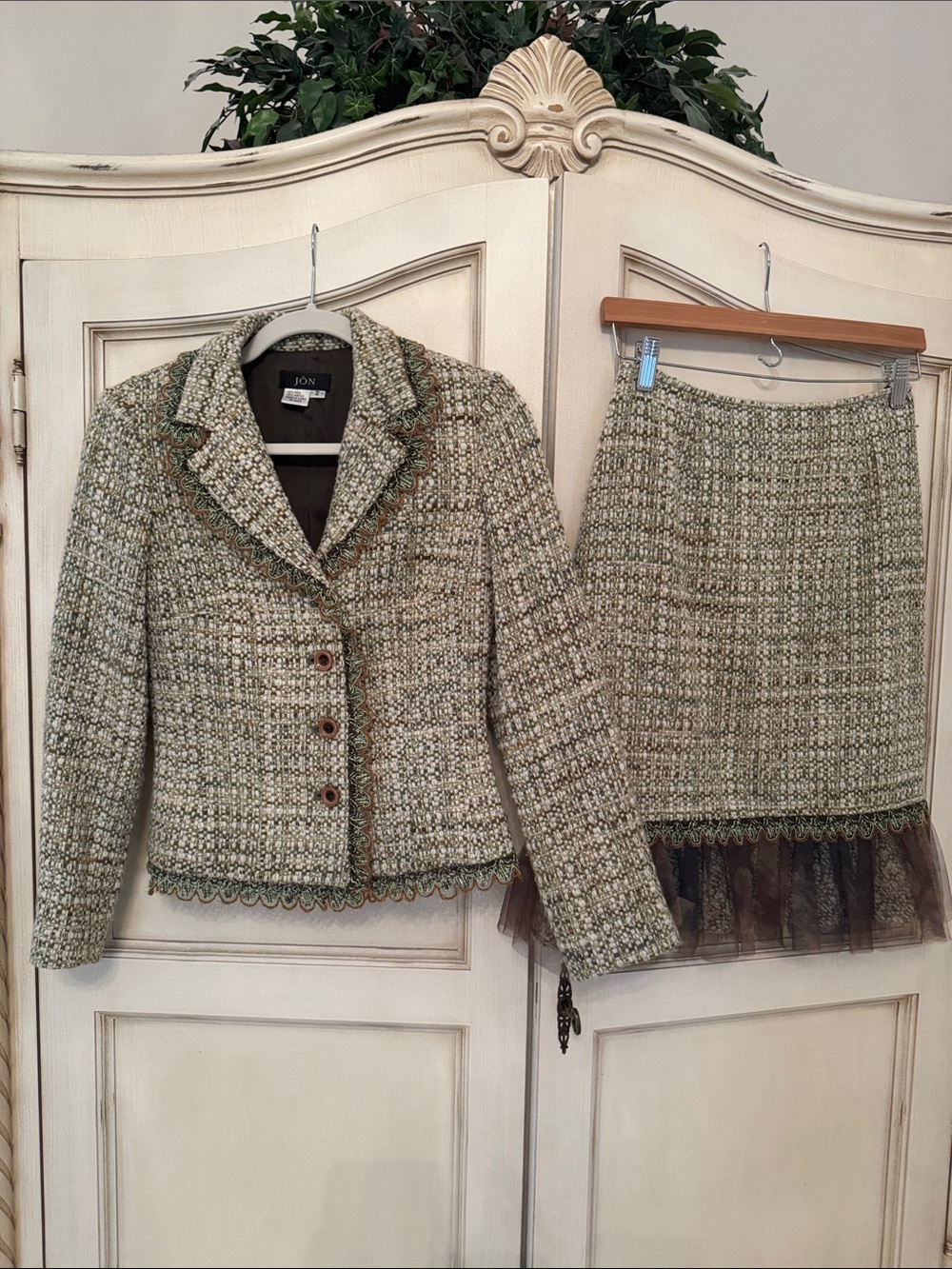 JON Olive and Cream Tweed BLAZER and SKIRT with Tulle Hem